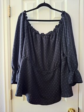 NWT Lane Bryant Navy Off-Shoulder Peasant Blouse with Swiss Dot Motif